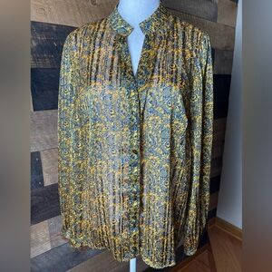 Melloday Orange Blue Metallic Floral Sheer Button Down Blouse Top, Size Large